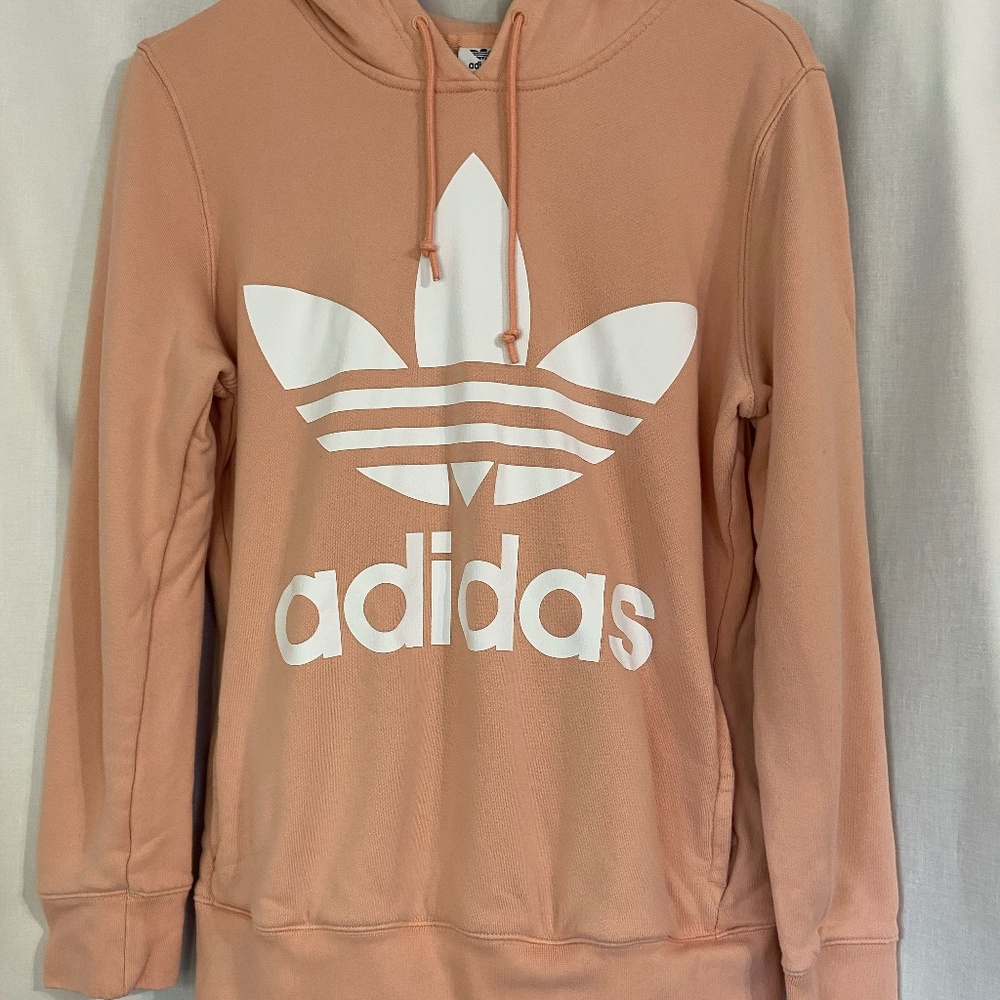 Adidas Hooded Sweatshirt Dusty Pink White Trefoil Logo Pullover Womens Medium